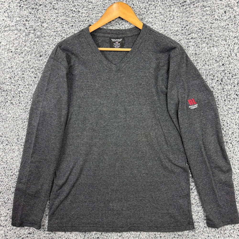 Polo Ralph Lauren Jeans Co Shirt Mens Large Gray V-Neck Long Sleeve Tee Logo